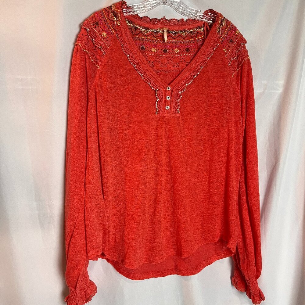 Women's orange embroidered long slv Free People Top Size M, NWOT